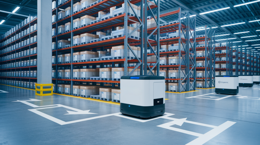 A state-of-the-art warehouse with autonomous transport robots that travel along marked paths. The robots move independently between high shelves stacked with goods, optimizing the internal material flow.