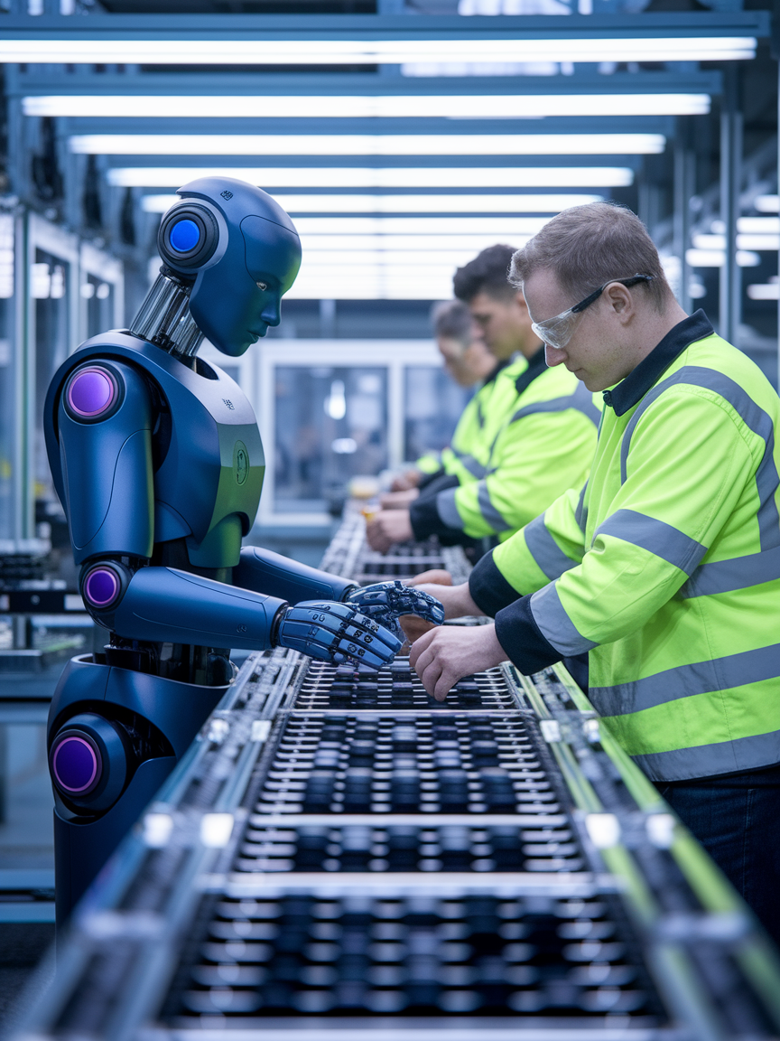 Humanoider Roboter arbeitet gemeinsam mit Menschen in einer Produktionshalle. Arbeiter in Sicherheitswesten montieren Bauteile an einem Fließband.